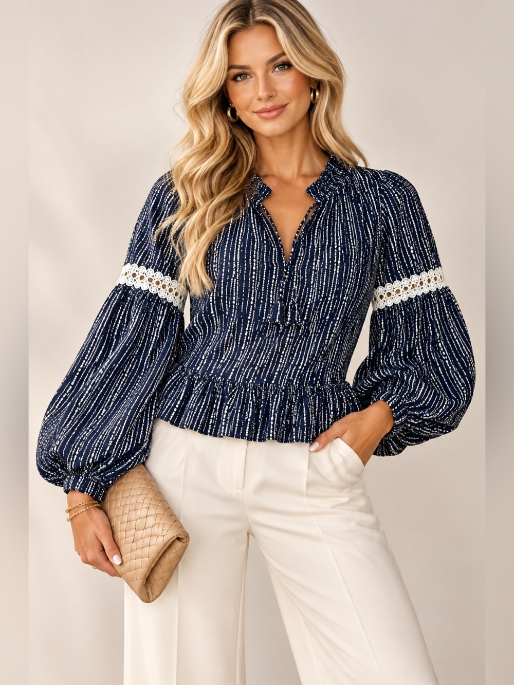 MISA Los Angeles Navy White Print Balloon Sleeve Ruffle Blouse Women’s M